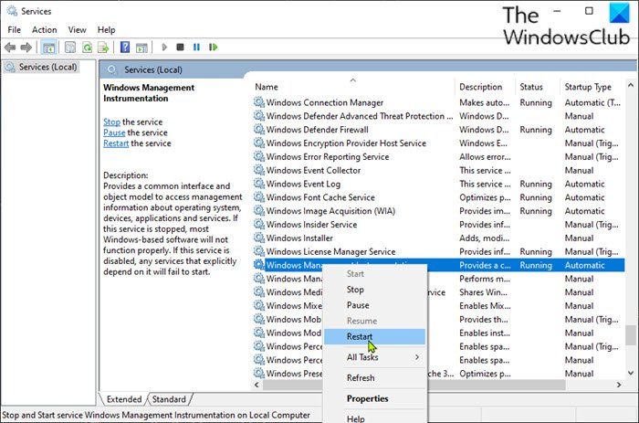 Reinicie el servicio Instrumental de administración de Windows (WMI)