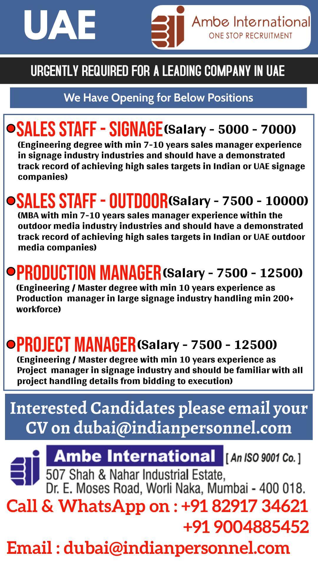 UAE JOBS REQUIRED FOR A LEADING COMPANY IN UAE