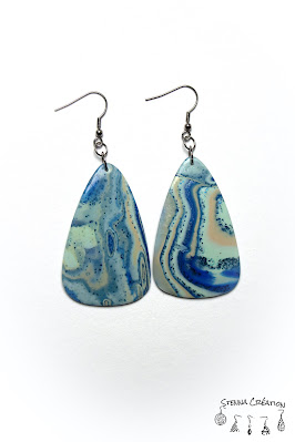 Boucles oreilles pâte polymère Mokume Gane Bleu Sahara Feuilles métallique bleues Cernit Fimo Stenna Création