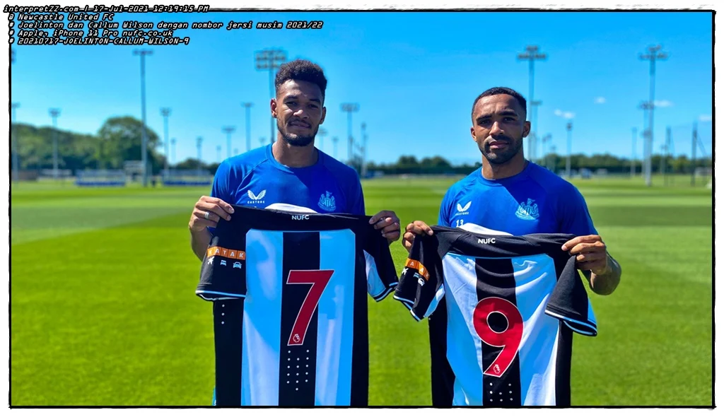 Joelinton and Callum Wilson pose with the new jersey numbers to be worn in English Football League matches in the 2021/2022 season.