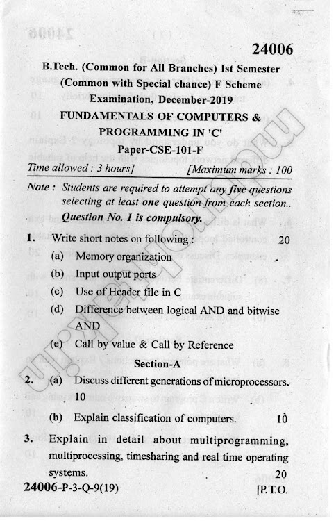 Fundamentals of Computer and Programming in C - Question Paper - B.Tech ...