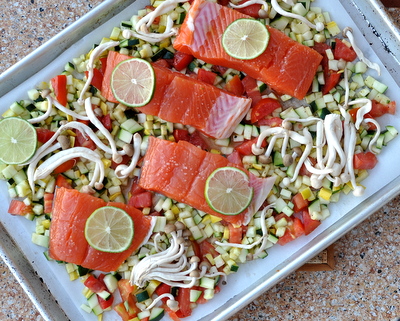 Roasted Salmon with Garden Hash & Creamy Avocado Sauce, another sheetpan Quick Supper ♥ AVeggieVenture.com, just salmon atop a vegetable hash with an avocado-buttermilk sauce that reminds me of guacamole. Low Carb. High Protein. Summer Gorgeous.