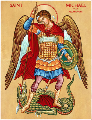 Ícone sagrado de São Miguel Arcanjo vencendo o demônio