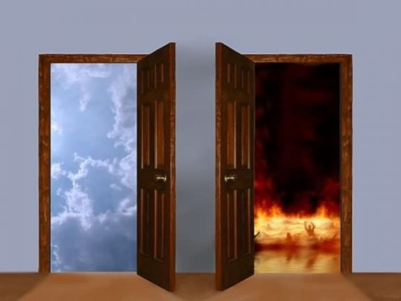 Перед вами две двери. Открытые двери. Дверь в рай и ад. Дверь открывается. Дверь в ад.