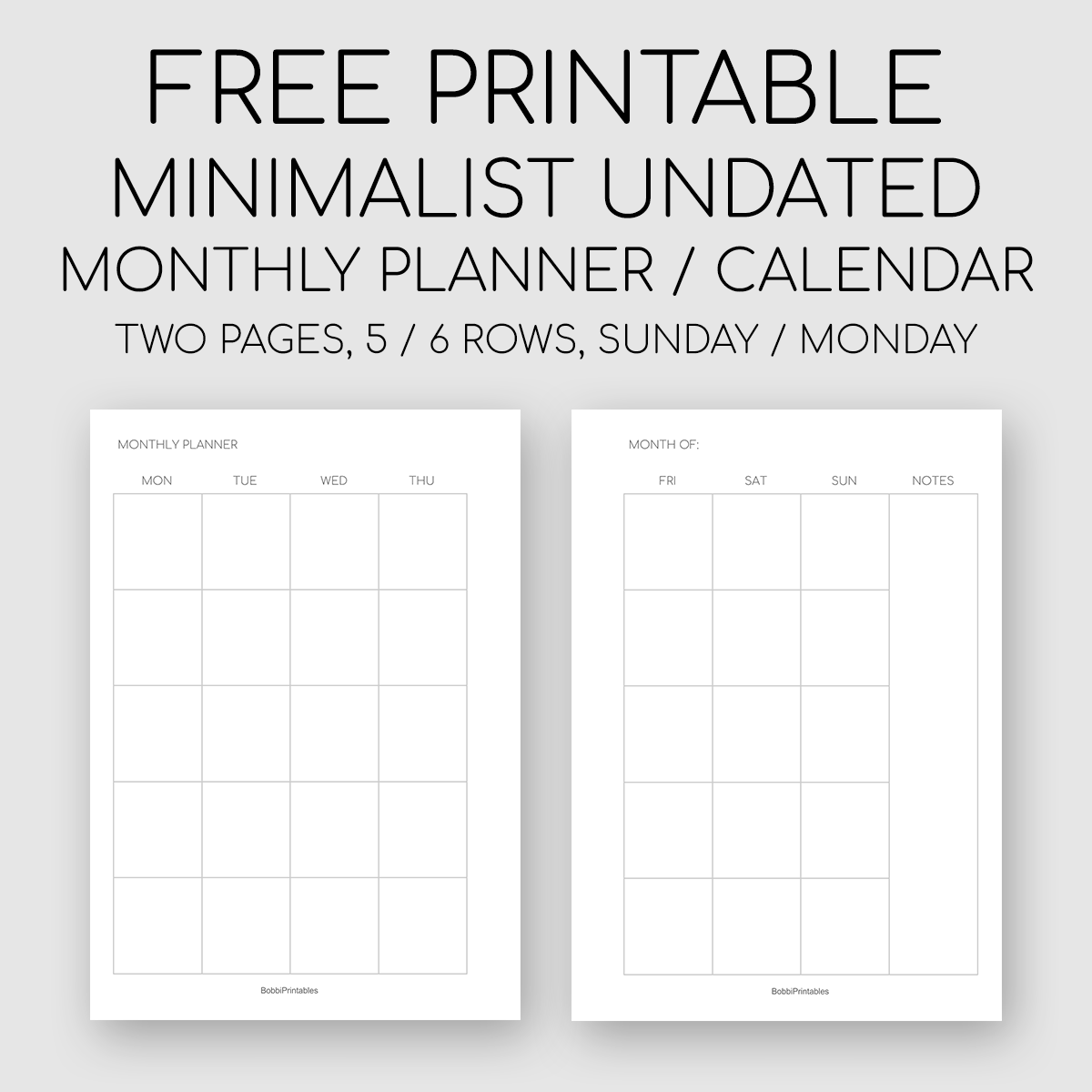 Printable Minimalist Monthly Planner - Month on Two Pages
