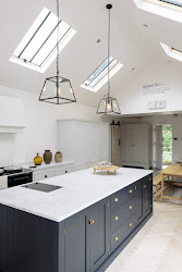 farmhouse kitchen modern shaker cabinets minimal decor inspiration lofty lighting skylights cabinetry