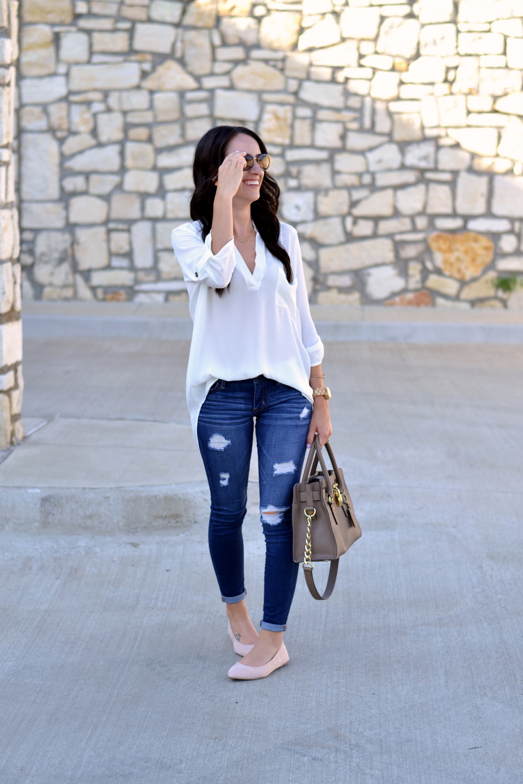 Casual Summer Look with nude flats, distressed denim and white tunic