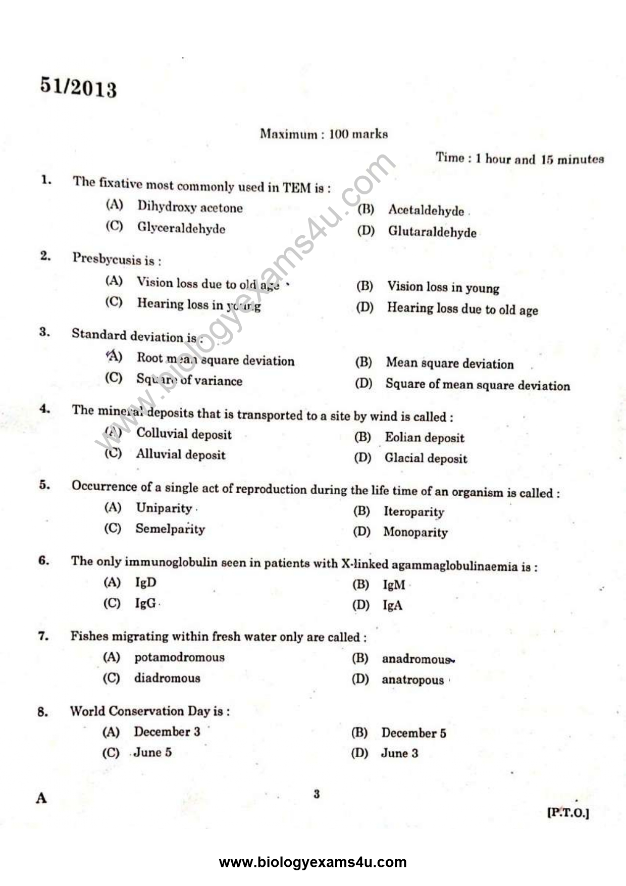 Scientific Officer Biology - Question Paper with Answer Key 51/2013