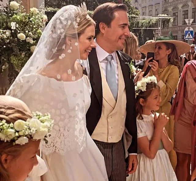 Princess Maria Anunciata wore the Habsburg Fringe Tiara and a bridal gown by Valentino