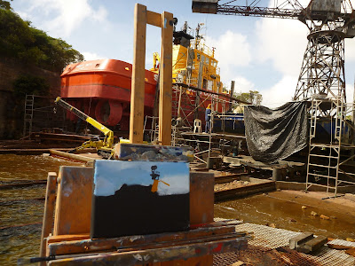 plein air oil painting of Sydney Ports tug 'Shirley Smith' on slipway of Goat Island by artist Jane Bennett