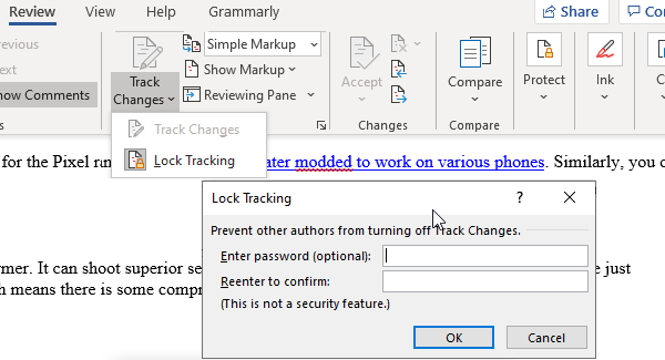 Функция блокировки отслеживания изменений Microsoft Word