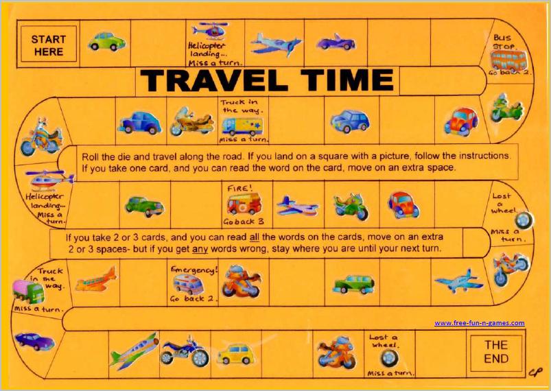 RSBF "Travel Time" printable board game for Sight Vocab Cards