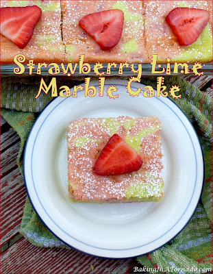 Strawberry Lime Marble Cake, refreshing summer flavors swirled together in one cake. | recipe developed by www.BakingInATornado.com | #recipe #cake