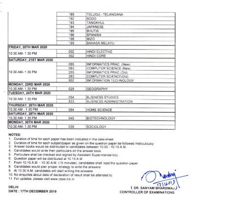 12th exam date sheet 2020 for cbse board