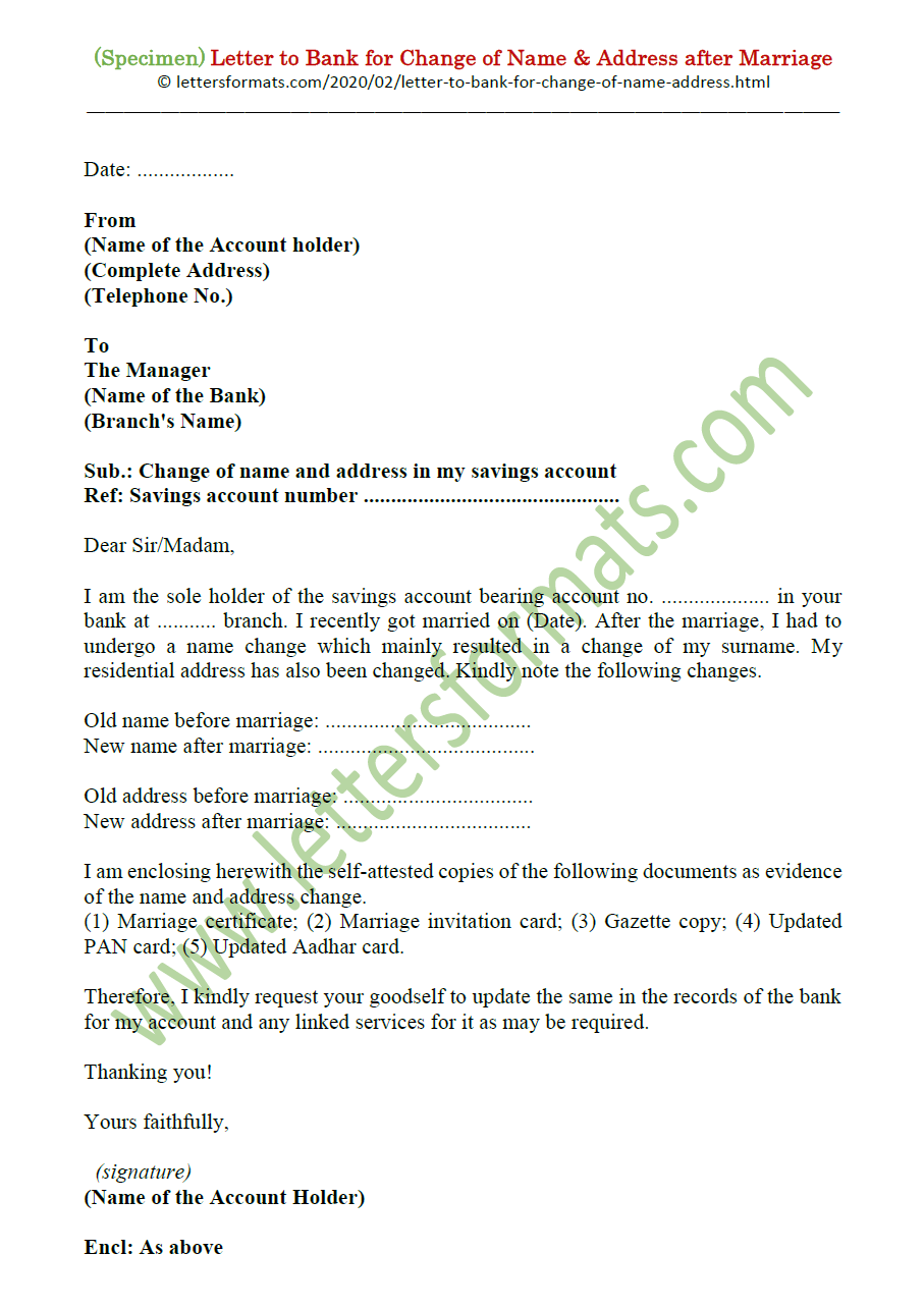 Letter to Bank for Change of Name and Address after Marriage