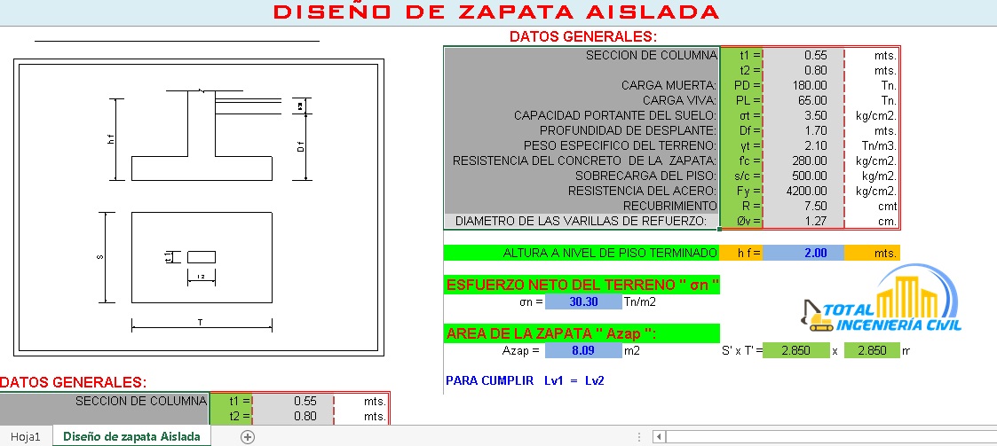 Plantilla de cálculo en excel para diseño de zapatas aisladas ~ CIVILTOTAL