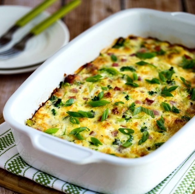 LowCarb Broccoli, Ham, and Mozzarella Baked with Eggs keto healthy