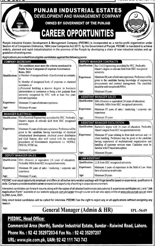 www.pie.com.pk Jobs 2021 - Punjab Industrial Estate Development And Management Company Jobs 2021 in Pakistan