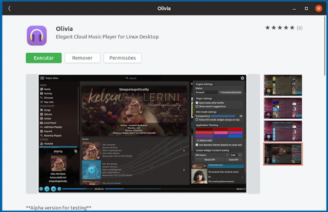 Olivia na loja do Ubuntu olivia-snap-player-cloud-music-musica-streaming-youtube-rádio-app-linux-loja-ubuntu