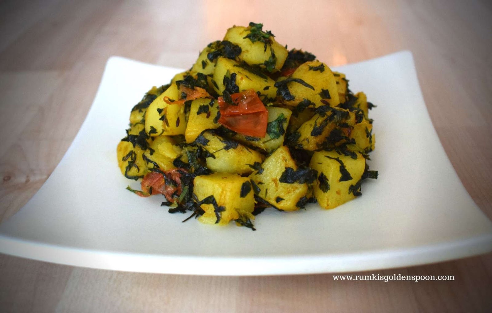 Aloo Methi, how to make aloo methi, aloo methi recipe, aloo recipes, Indian veg recipes, Indian dry curry, leafy green vegetable recipes, Rumki's Golden Spoon