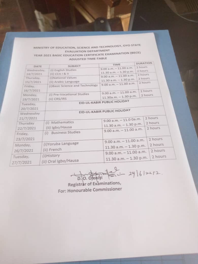 Oyo State BECE Timetable [14th 27th July 2021] JUNIOR WAEC