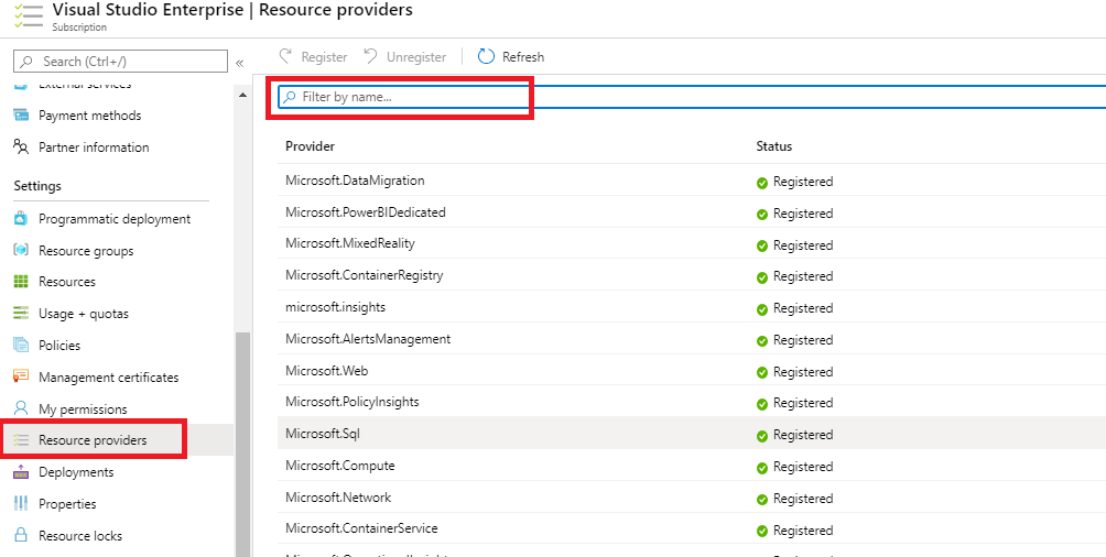 Resource provider registration using Azure Portal