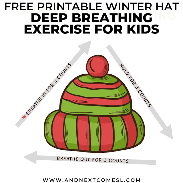 Winter hat themed breathing exercise for kids with free printable poster