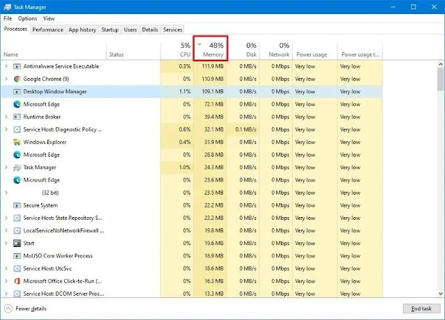 طريقة تحديد أكثر التطبيقات استهلاكًا للذاكرة في نظام ويندوز 10 طريقة تحديد أكثر التطبيقات استهلاكًا للذاكرة في نظام ويندوز 10