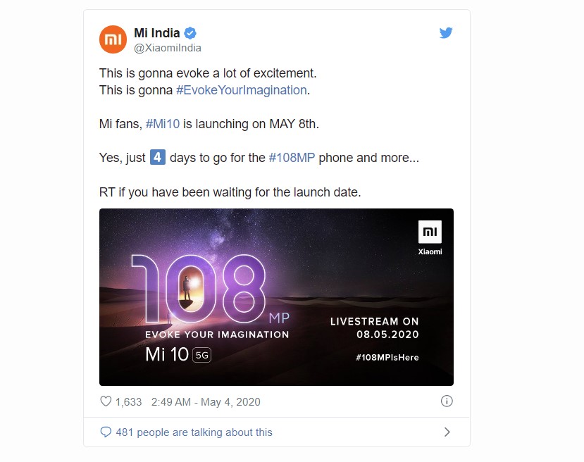 Xiaomi Mi 10 5G ultra cool product launch in India on May 8th Xiaomi Mi 10 5G ultra cool product launch in India on May 8th