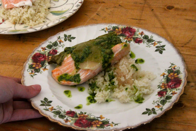  Salmon with vine leaves, jasmine rice, salsa verde