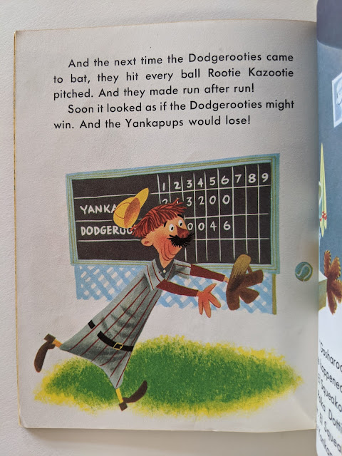 Picture of children's book page with illustration of man playing baseball