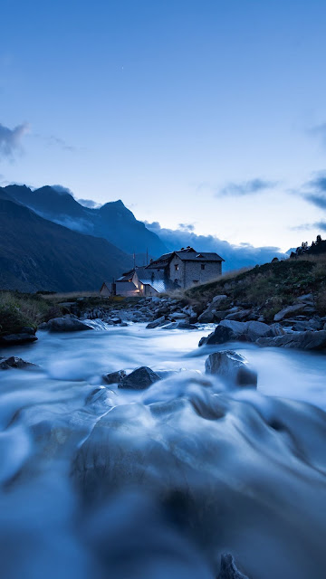 House, River, Mountains, Stones, Water, Nature