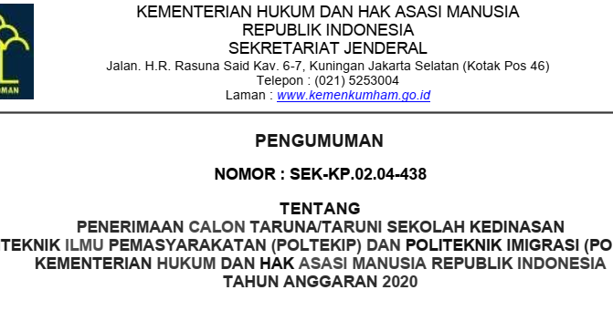 Persyaratan Tata Cara Pendaftaran Poltekip Poltekim 2020 Kemenkumham Tomatalikuang Com Berita Pendidikan Terbaru