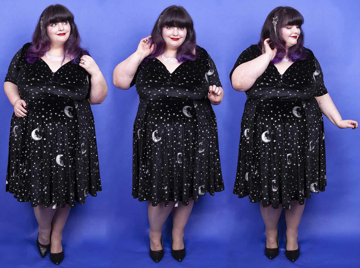 Starry, Starry Night - Collectif Trixie Moon Velvet Swing Dress via Simply  Be