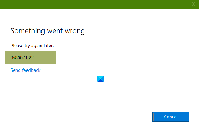 Codice di errore dell'account Microsoft 0x8007139f