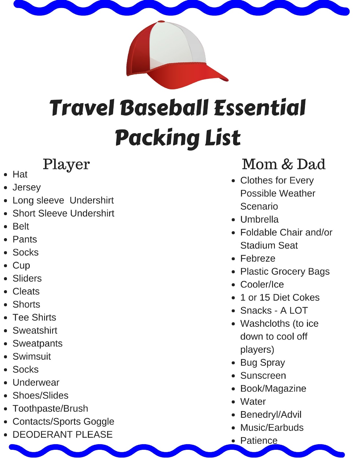 packing list for travel baseball tournament