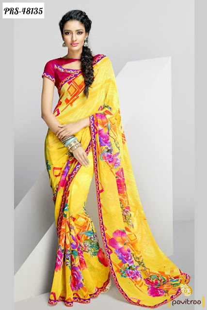 Latest trend yellow georgette casual saree online shopping with lowest price in India