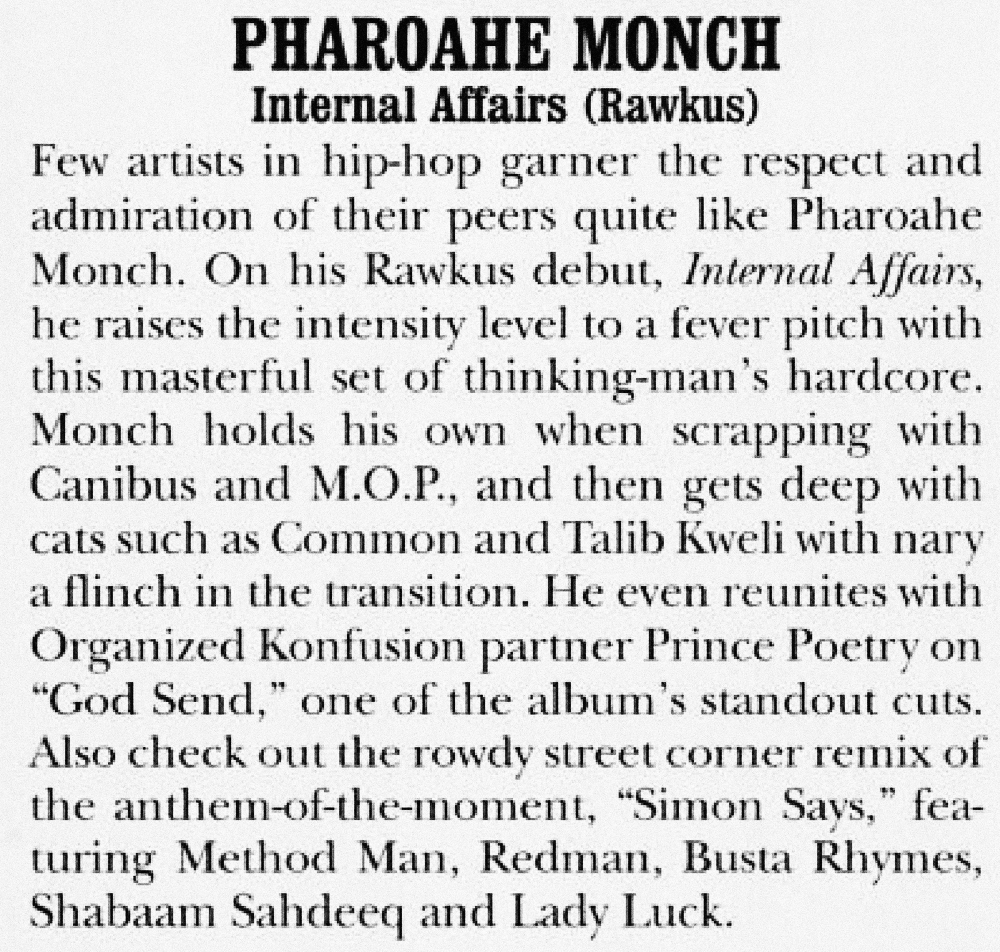 Hip-Hop Nostalgia: Pharoahe Monch Internal Affairs (Press Kit + Review,  1999)
