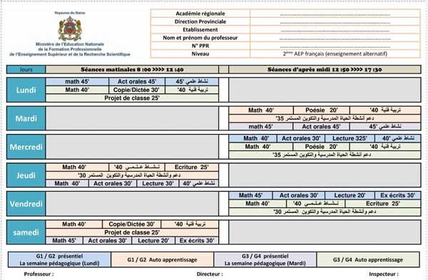 استعمال الزمن للمستوى الثاني فرنسية بصيغة التناوب موقع الأساتذة والتلاميذ للتعليم عن بعد