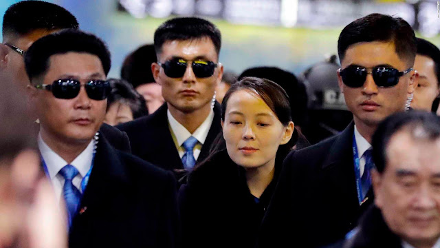Kim Yo Jong, center, arrives at the Jinbu train station in Pyeongchang, South Korea