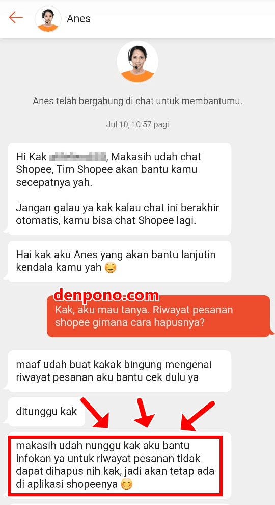 jawababan cs cara hapus riwayat pesanan di shopee