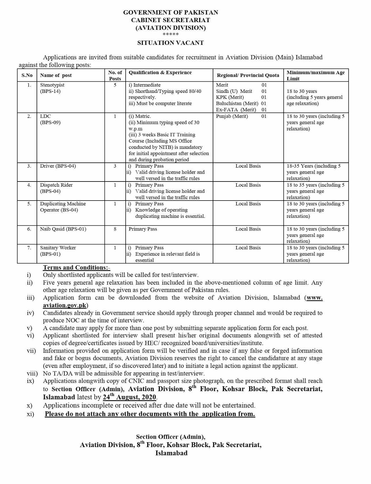 Secretariat Aviation Division Jobs 2020 for Steno Typist, Lower