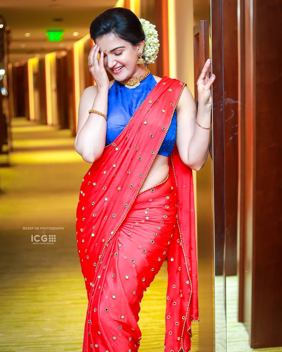 Malayalam Actress Honey Rose In Red Saree Photoshoot