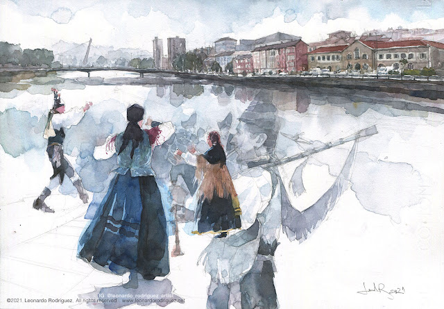 Pintura en acuarela que consiste en una composición de imágenes de la ría de Pontevedra y varios gaiteros tocando la gaita y bailando.