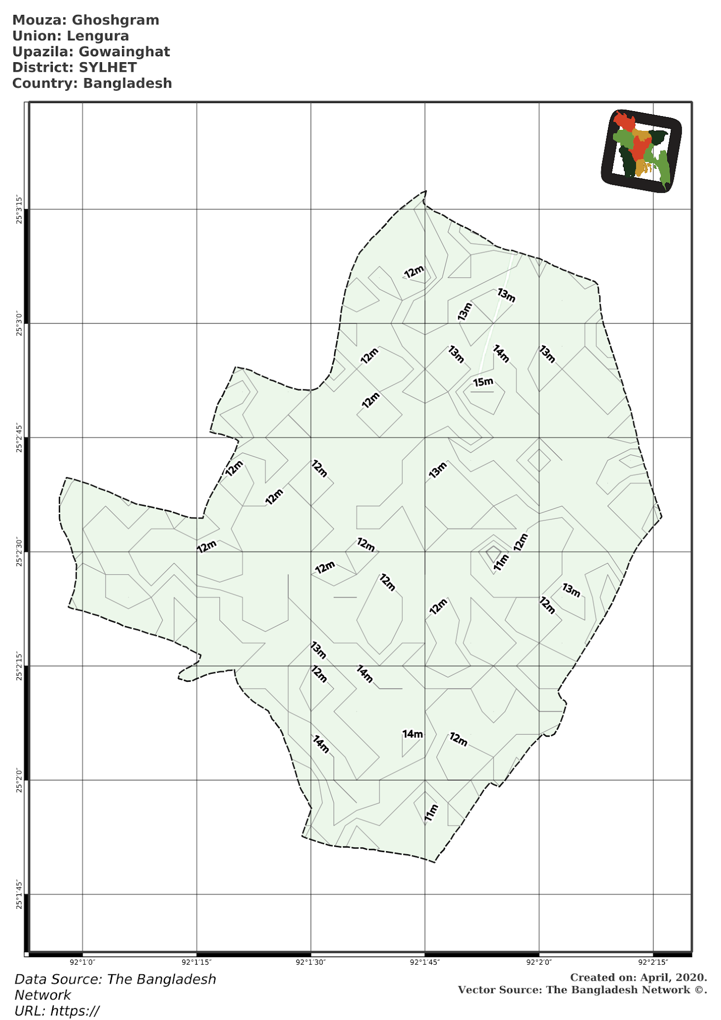 Map of Ghoshgram Mouza of Gowainghat Upazila, SYLHET, Bangladesh.