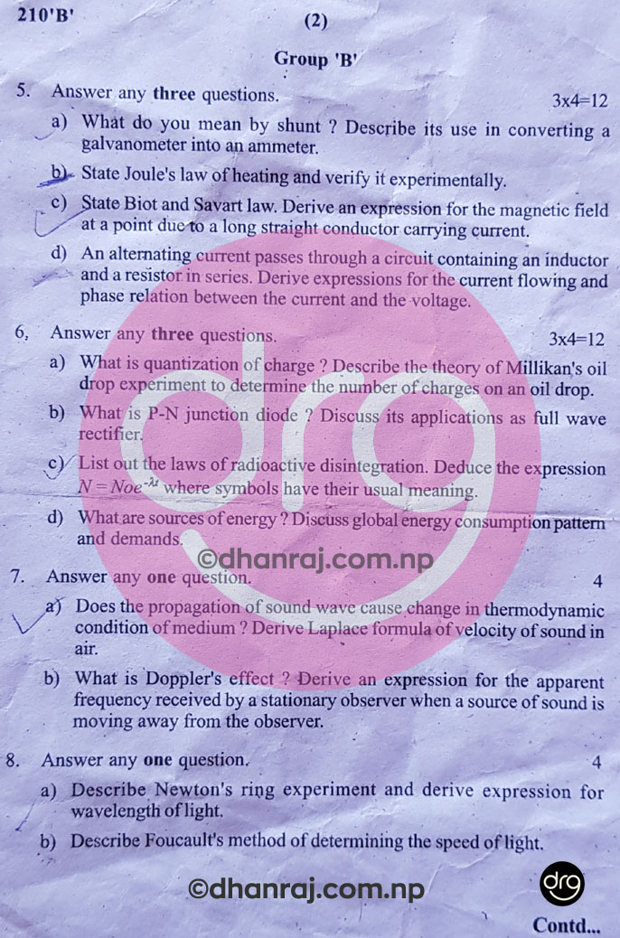 Physics Grade 12XII Question Paper 2076 [2019] Sub Code 210B