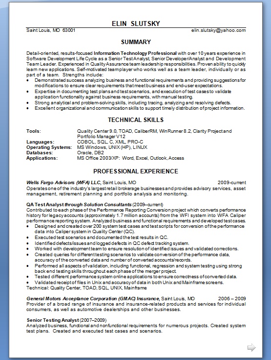 QA Test Analyst Sample Resume Format in Word Free Download