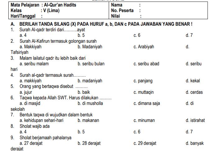 Soal PAT AlQuran Hadits Kelas 5 Semester 2 Tahun 2020