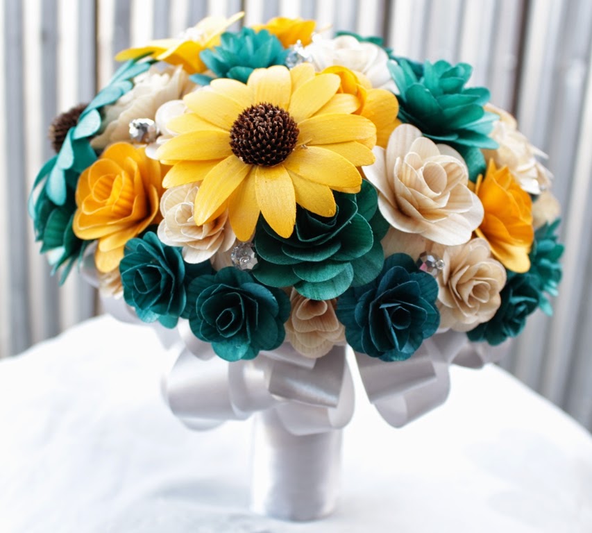 Teal, Mustard Yellow and Gray Wedding: Bouquets Made of Wood and
