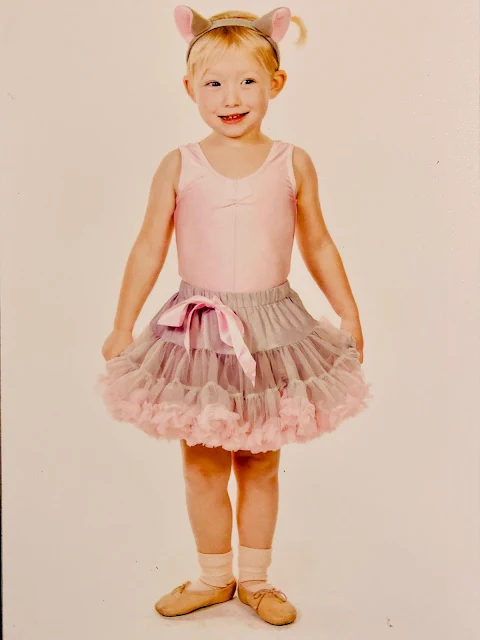 An official show photo of Little in her mouse ballet outfit of a pink leotard, grey and pink tutu, mouse ears, bunches and ballet shoes